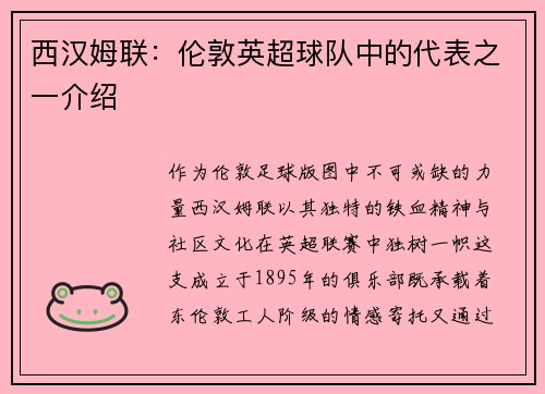 西汉姆联：伦敦英超球队中的代表之一介绍
