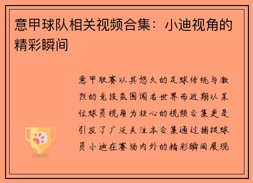 意甲球队相关视频合集：小迪视角的精彩瞬间