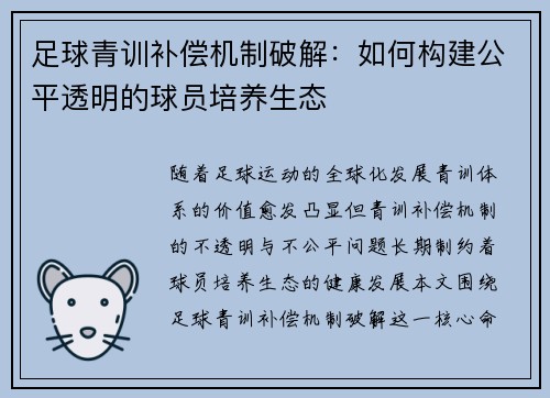 足球青训补偿机制破解：如何构建公平透明的球员培养生态